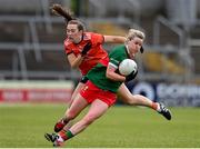 25 June 2023; Fiona McHale of Mayo in action against Caitriona O'Hagan of Armagh during the TG4 Ladies Football All-Ireland Championship match between Armagh and Mayo at BOX-IT Athletic Grounds in Armagh. Photo by Sam Barnes/Sportsfile