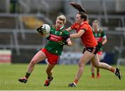 25 June 2023; Fiona McHale of Mayo in action against Caitriona O'Hagan of Armagh during the TG4 Ladies Football All-Ireland Championship match between Armagh and Mayo at BOX-IT Athletic Grounds in Armagh. Photo by Sam Barnes/Sportsfile