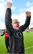 25 June 2023; Mayo manager Kevin McStay celebrates at the final whistle after his side's victory in the GAA Football All-Ireland Senior Championship Preliminary Quarter Final match between Galway and Mayo at Pearse Stadium in Galway. Photo by Seb Daly/Sportsfile