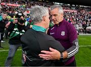 25 June 2023; Galway manager Padraic Joyce, right, and Mayo manager Kevin McStay after the GAA Football All-Ireland Senior Championship Preliminary Quarter Final match between Galway and Mayo at Pearse Stadium in Galway. Photo by Seb Daly/Sportsfile