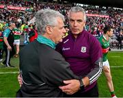 25 June 2023; Galway manager Padraic Joyce, right, and Mayo manager Kevin McStay after the GAA Football All-Ireland Senior Championship Preliminary Quarter Final match between Galway and Mayo at Pearse Stadium in Galway. Photo by Seb Daly/Sportsfile