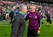 25 June 2023; Galway manager Padraic Joyce, right, and Mayo manager Kevin McStay after the GAA Football All-Ireland Senior Championship Preliminary Quarter Final match between Galway and Mayo at Pearse Stadium in Galway. Photo by Seb Daly/Sportsfile