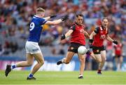 25 June 2023; Ryan Johnston of Down in action against Sean O'Flynn of Laois during the Tailteann Cup Semi Final match between Down and Laois at Croke Park in Dublin. Photo by Michael P Ryan/Sportsfile