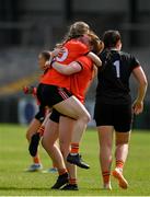 25 June 2023; Catherine Marley, left, and Niamh Marley of Armagh celebrate after their side's victory in the TG4 Ladies Football All-Ireland Championship match between Armagh and Mayo at BOX-IT Athletic Grounds in Armagh. Photo by Sam Barnes/Sportsfile