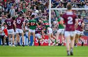 25 June 2023; Eoghan McLaughlin of Mayo, 23, stops the ball on the line and sends it for a 45 during the GAA Football All-Ireland Senior Championship Preliminary Quarter Final match between Galway and Mayo at Pearse Stadium in Galway. Photo by Brendan Moran/Sportsfile
