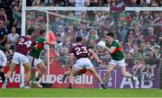 25 June 2023; Paddy Durcan of Mayo, right, blocks a shot on the line in the closing stages of the GAA Football All-Ireland Senior Championship Preliminary Quarter Final match between Galway and Mayo at Pearse Stadium in Galway. Photo by Brendan Moran/Sportsfile