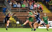 25 June 2023; Shauna Ennis of Meath in action against Laura Mulcahy, Cora Murray and Emma Murray of Waterford during the TG4 Ladies Football All-Ireland Championship match between Waterford and Meath at Fraher Field in Dungarvan, Waterford. Photo by Matt Browne/Sportsfile