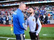 25 June 2023; Laois manager Billy Sheehan, left, shakes hands with Down manager Conor Laverty after the Tailteann Cup Semi Final match between Down and Laois at Croke Park in Dublin. Photo by Michael P Ryan/Sportsfile