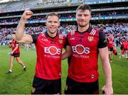 25 June 2023; Down players Gerard Collins, left, and Anthony Doherty after their side's victory in the Tailteann Cup Semi Final match between Down and Laois at Croke Park in Dublin. Photo by Michael P Ryan/Sportsfile
