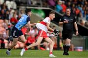 25 June 2023; Tommy Rogers of Derry in action against Noah Byrne of Dublin during the Electric Ireland GAA Football All-Ireland Minor Championship Semi Final match between Dublin and Derry at Box-It Athletic Grounds in Armagh. Photo by Sam Barnes/Sportsfile