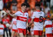 25 June 2023; Rory McGonigle of Derry, left, and team-mate Cahir Spiers celebrate after their side's victory in the Electric Ireland GAA Football All-Ireland Minor Championship Semi Final match between Dublin and Derry at Box-It Athletic Grounds in Armagh. Photo by Sam Barnes/Sportsfile