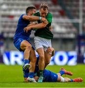 25 June 2023; Niall Comerford of Ireland is tackled by Maria Lorenzo Bruno, left, and Mattio Meggiato of Italy in the Men's Rugby Sevens match between Ireland and Italy at the Henryk Reyman Stadium during the European Games 2023 in Krakow, Poland. Photo by David Fitzgerald/Sportsfile
