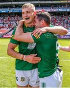 25 June 2023; Meath players Conor Gray, left, and Donal Keogan after their side's victory in the Tailteann Cup Semi Final match between Antrim and Meath at Croke Park in Dublin. Photo by Michael P Ryan/Sportsfile
