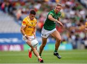 25 June 2023; Patrick McBride of Antrim in action against Conor Gray of Meath during the Tailteann Cup Semi Final match between Antrim and Meath at Croke Park in Dublin. Photo by Michael P Ryan/Sportsfile