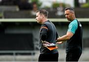 25 June 2023; Mayo manager Michael Moyles, right, and Armagh manager Shane McCormack in conversation before the TG4 Ladies Football All-Ireland Championship match between Armagh and Mayo at BOX-IT Athletic Grounds in Armagh. Photo by Sam Barnes/Sportsfile