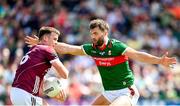 25 June 2023; Aidan O'Shea of Mayo closes down Galway's John Daly during the GAA Football All-Ireland Senior Championship Preliminary Quarter Final match between Galway and Mayo at Pearse Stadium in Galway. Photo by Seb Daly/Sportsfile
