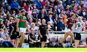 25 June 2023; John Maher of Galway waves at Aidan O'Shea of Mayo during the GAA Football All-Ireland Senior Championship Preliminary Quarter Final match between Galway and Mayo at Pearse Stadium in Galway. Photo by Seb Daly/Sportsfile