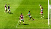 25 June 2023; Mayo goalkeeper Colm Reape makes a save, following a shot from Galway's Damien Comer, top left, during the GAA Football All-Ireland Senior Championship Preliminary Quarter Final match between Galway and Mayo at Pearse Stadium in Galway. Photo by Seb Daly/Sportsfile