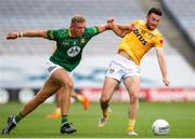 25 June 2023; Conor Gray of Meath in action against Ruairí McCann of Antrim during the Tailteann Cup Semi Final match between Antrim and Meath at Croke Park in Dublin. Photo by Michael P Ryan/Sportsfile