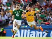 25 June 2023; Cathal Hickey of Meath in action against Ronan Boyle of Antrim during the Tailteann Cup Semi Final match between Antrim and Meath at Croke Park in Dublin. Photo by Michael P Ryan/Sportsfile