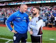 25 June 2023; Laois manager Billy Sheehan, left, with Down manager Conor Laverty after the Tailteann Cup Semi Final match between Down and Laois at Croke Park in Dublin. Photo by Michael P Ryan/Sportsfile