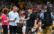 24 June 2023; Former Donegal footballer and GAA GO analyst Michael Murphy and former Galway footballer and GAA GO analyst Michael Meehan are interviewed by presenter Gráinne McElwain before the GAA Football All-Ireland Senior Championship Preliminary Quarter Final match between Donegal and Tyrone at MacCumhaill Park in Ballybofey, Donegal. Photo by Brendan Moran/Sportsfile