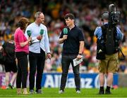 24 June 2023; Former Donegal footballer and GAA GO analyst Michael Murphy and former Galway footballer and GAA GO analyst Michael Meehan are interviewed by presenter Gráinne McElwain before the GAA Football All-Ireland Senior Championship Preliminary Quarter Final match between Donegal and Tyrone at MacCumhaill Park in Ballybofey, Donegal. Photo by Brendan Moran/Sportsfile