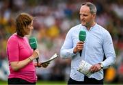 24 June 2023; Former Donegal footballer and GAA GO analyst Michael Murphy is interviewed by presenter Gráinne McElwain after the GAA Football All-Ireland Senior Championship Preliminary Quarter Final match between Donegal and Tyrone at MacCumhaill Park in Ballybofey, Donegal. Photo by Brendan Moran/Sportsfile