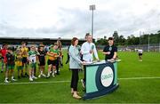 24 June 2023; Former Donegal footballer and GAA GO analyst Michael Murphy and former Galway footballer and GAA GO analyst Michael Meehan are interviewed by presenter Gráinne McElwain after the GAA Football All-Ireland Senior Championship Preliminary Quarter Final match between Donegal and Tyrone at MacCumhaill Park in Ballybofey, Donegal. Photo by Brendan Moran/Sportsfile