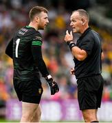 24 June 2023; Referee Conor Lane speaks to Donegal goalkeeper Shaun Patton before showing him a red card during the GAA Football All-Ireland Senior Championship Preliminary Quarter Final match between Donegal and Tyrone at MacCumhaill Park in Ballybofey, Donegal. Photo by Brendan Moran/Sportsfile