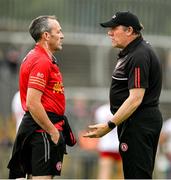 24 June 2023; Tyrone joint-managers Brian Dooher, left, and Feargal Logan before the GAA Football All-Ireland Senior Championship Preliminary Quarter Final match between Donegal and Tyrone at MacCumhaill Park in Ballybofey, Donegal. Photo by Brendan Moran/Sportsfile