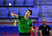 26 June 2023; Joshua Magee of Ireland in action in the badminton Mixed Doubles Group at the Jaskolka Arena during the European Games 2023 in Poland. Photo by Tyler Miller/Sportsfile