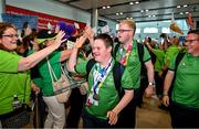 26 June 2023; Team Ireland's Ryan Griffin, a member of Skellig Stars Special Olympics Club, from Waterville, Kerry, centre left, and Eoin O'Connell, a member of D6 Special Olympics Club, from Dundrum, Dublin, centre right, pictured at Dublin Airport on the team's return from the World Special Olympic Games in Berlin, Germany. Photo by Sam Barnes/Sportsfile