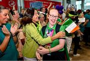 26 June 2023; Team Ireland's Sammy Jo Sweeney, a member of Starbreakers Special Olympics Club, from Cookstown, Tyrone, is welcomed by Teresa McLaughlin, left, at Dublin Airport on the team's return from the World Special Olympic Games in Berlin, Germany. Photo by Sam Barnes/Sportsfile