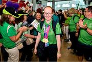 26 June 2023; Team Ireland's Sammy Jo Sweeney, a member of Starbreakers Special Olympics Club, from Cookstown, Tyrone pictured at Dublin Airport on the team's return from the World Special Olympic Games in Berlin, Germany. Photo by Sam Barnes/Sportsfile