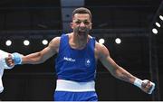 26 June 2023; Kelyn Cassidy of Ireland celebrates as he is declared victorious over Taylor Jay Bevan of Great Britain after their Men's 80kg Round of 16 bout at the Nowy Targ Arena during the European Games 2023 in Krakow, Poland. Photo by David Fitzgerald/Sportsfile