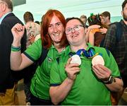 26 June 2023; Team Ireland's Sean Sammon, a member of Castlebar Special Olympics Club, from Castlebar, Mayo, pictured with his coach Fiona Farrell at Dublin Airport on the team's return from the World Special Olympic Games in Berlin, Germany. Photo by Sam Barnes/Sportsfile