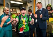 26 June 2023; Team Ireland's Declan Foley, a pupil at Scoil Aonghusa, from Carrick on Suir, Tipperary, pictured at Dublin Airport on the team's return from the World Special Olympic Games in Berlin, Germany. Photo by Ray McManus/Sportsfile