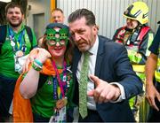 26 June 2023; Team Ireland's Breege Walsh, a member of Castlebar Special Olympics Club, from Claremorris, Mayo, is greeted by Matt English, CEO of Special Olympics Ireland, at Dublin Airport on the team's return from the World Special Olympic Games in Berlin, Germany. Photo by Ray McManus/Sportsfile