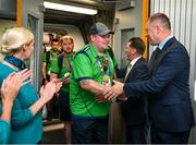 26 June 2023; Team Ireland's David Hackett, a member of United Warriors, from Athy, Kildare, is greeted by Minister of State at Department of Tourism, Culture, Arts, Gaeltacht, Sport and Media Thomas Byrne TD at Dublin Airport on the team's return from the World Special Olympic Games in Berlin, Germany. Photo by Ray McManus/Sportsfile