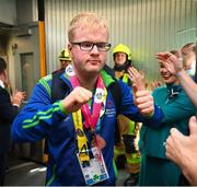 26 June 2023; Team Ireland's Eoin O'Connell, a member of D6 Special Olympics Club, from Dundrum, Dublin, pictured at Dublin Airport on the team's return from the World Special Olympic Games in Berlin, Germany. Photo by Ray McManus/Sportsfile