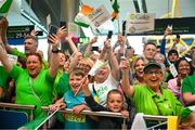 26 June 2023; Family and friends greet the athletes as they returned home at Dublin Airport on the team's return from the World Special Olympic Games in Berlin, Germany. Photo by Ray McManus/Sportsfile