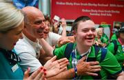 26 June 2023; Team Ireland's Ryan Griffin, a member of Skellig Stars Special Olympics Club, from Waterville, Kerry, right, pictured at Dublin Airport on the team's return from the World Special Olympic Games in Berlin, Germany. Photo by Ray McManus/Sportsfile