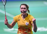 26 June 2023; Tereza Svabikova of Czechia celebrates after her victory over Rachael Darragh of Ireland in the badminton Women's Singles Group at the Jaskolka Arena during the European Games 2023 in Poland. Photo by Tyler Miller/Sportsfile