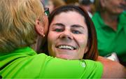 26 June 2023; Team Ireland's Vikki McGill, a member of North West Special Olympics Club, Letterkenny, Donegal, is greeted by Margaret Saunders at Dublin Airport on the team's return from the World Special Olympic Games in Berlin, Germany. Photo by Ray McManus/Sportsfile