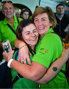 26 June 2023; Team Ireland's Vikki McGill, a member of North West Special Olympics Club, Letterkenny, Donegal, with her mother Carole pictured at Dublin Airport on the team's return from the World Special Olympic Games in Berlin, Germany. Photo by Ray McManus/Sportsfile