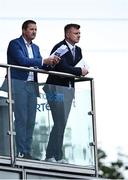 24 June 2023; RTÉ analysts Brendan Cummins, left, and Joe Canning in attendance at the GAA Hurling All-Ireland Senior Championship Quarter Final match between Galway and Tipperary at TUS Gaelic Grounds in Limerick. Photo by Piaras Ó Mídheach/Sportsfile