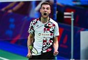 26 June 2023; Pawel Smiloski of Poland celebrates after his victory against Iliyan Stoynov, and Hristomira Popovska of Bulgaria in the badminton Mixed Doubles Group at the Jaskolka Arena during the European Games 2023 in Poland. Photo by Tyler Miller/Sportsfile