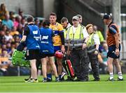 24 June 2023; John Conlon of Clare leaves the pitch to receive medical attention for an injury during the GAA Hurling All-Ireland Senior Championship Quarter Final match between Clare and Dublin at TUS Gaelic Grounds in Limerick. Photo by Piaras Ó Mídheach/Sportsfile