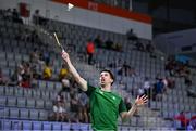 26 June 2023; Joshua Magee of Ireland in action against Greco Giovanni and David Salutt of Italy in the badminton Men's Doubles Group at the Jaskolka Arena during the European Games 2023 in Poland. Photo by Tyler Miller/Sportsfile